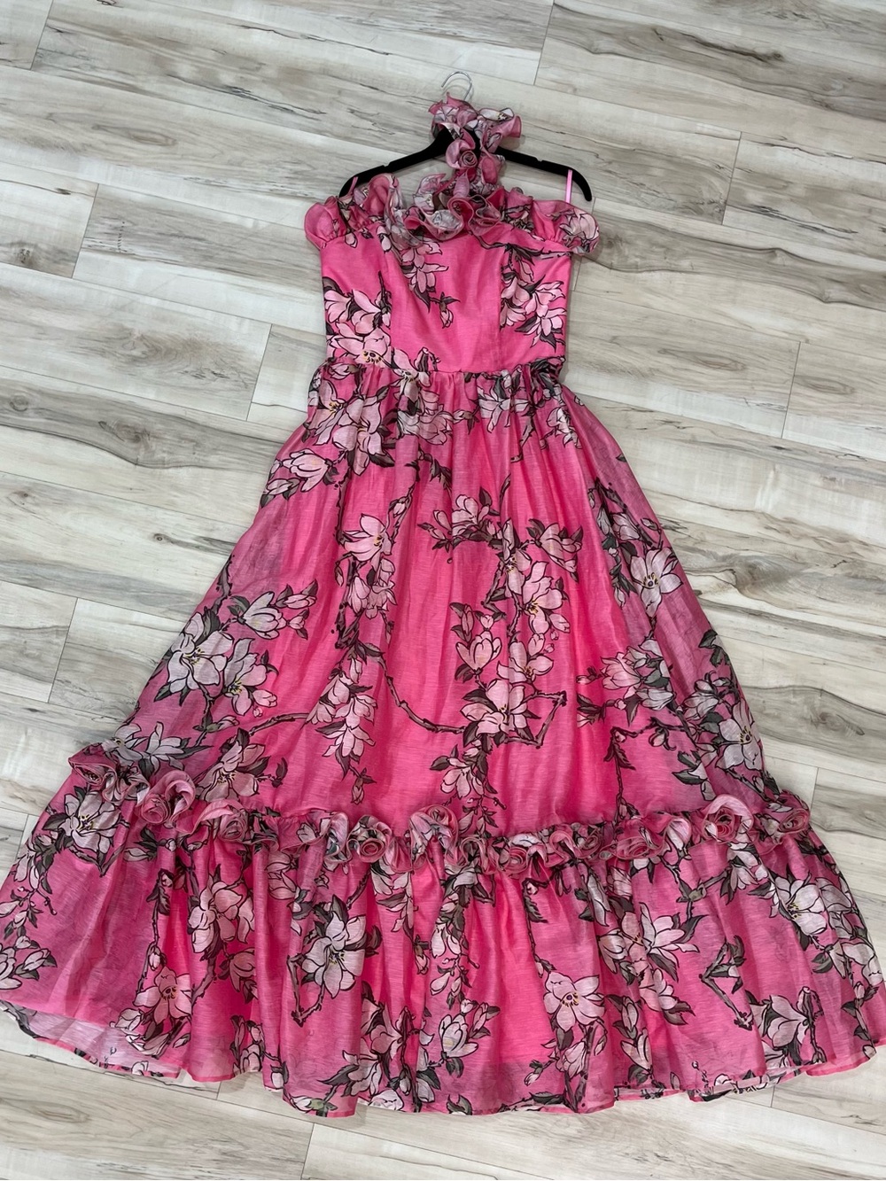 Pink Floral Ruffled Satin Evening Gown